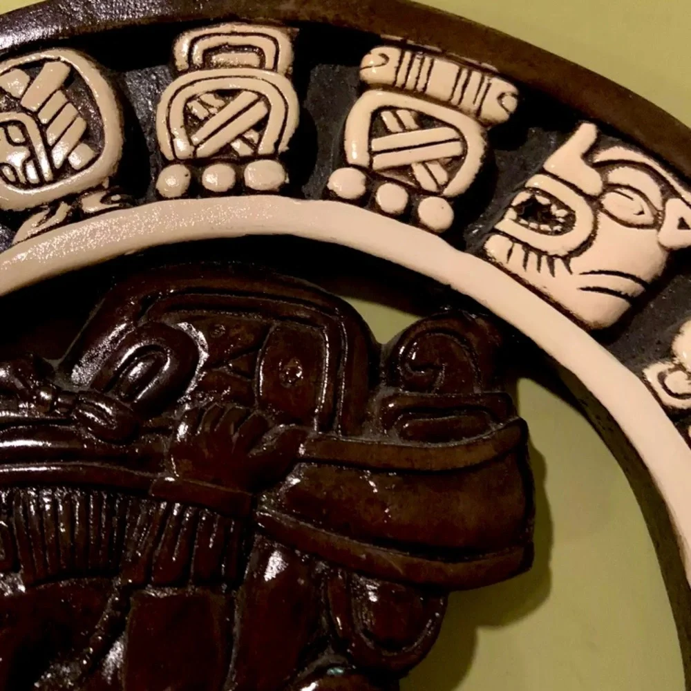 Aztec/Mayan Calendar 10.25” Diameter Glazed Ceramic & Wood Unique